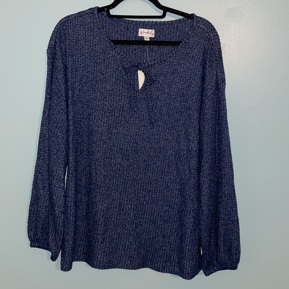 Waffle knit long sleeve blue top - Picture 1 of 7